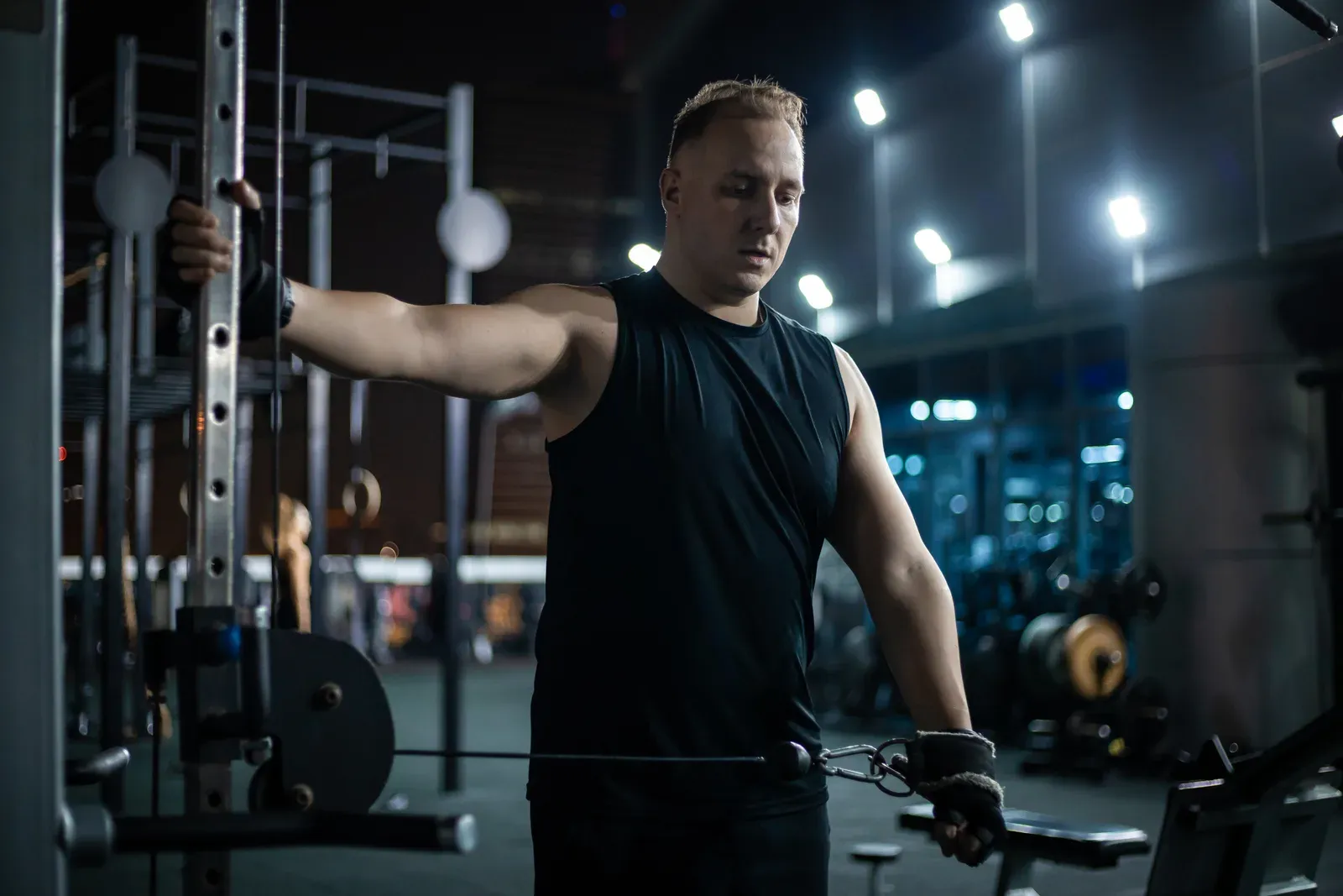 Client training with a coach in a softly lit gym after dark