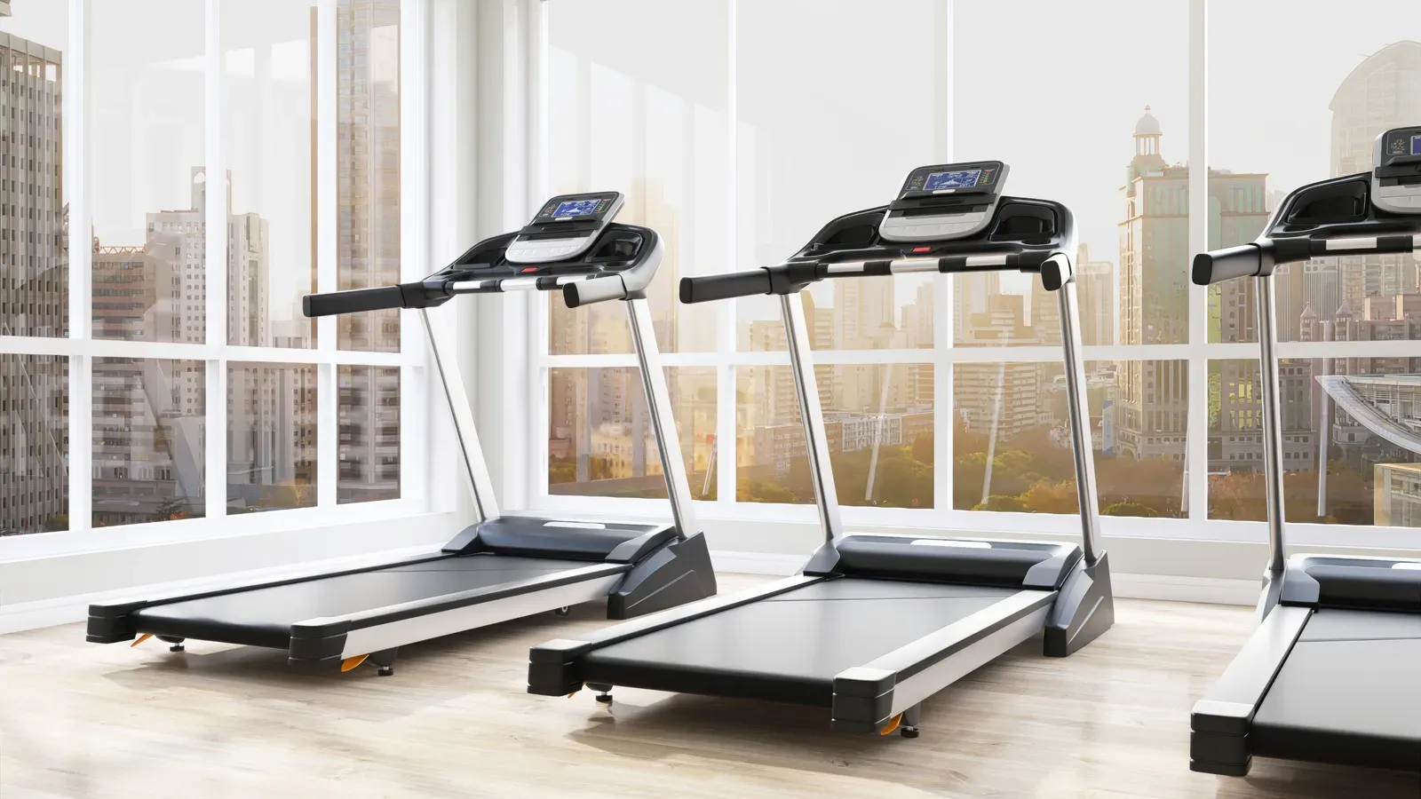 Modern fitness club with treadmills in sunlight from large windows, one type of facility to consider
