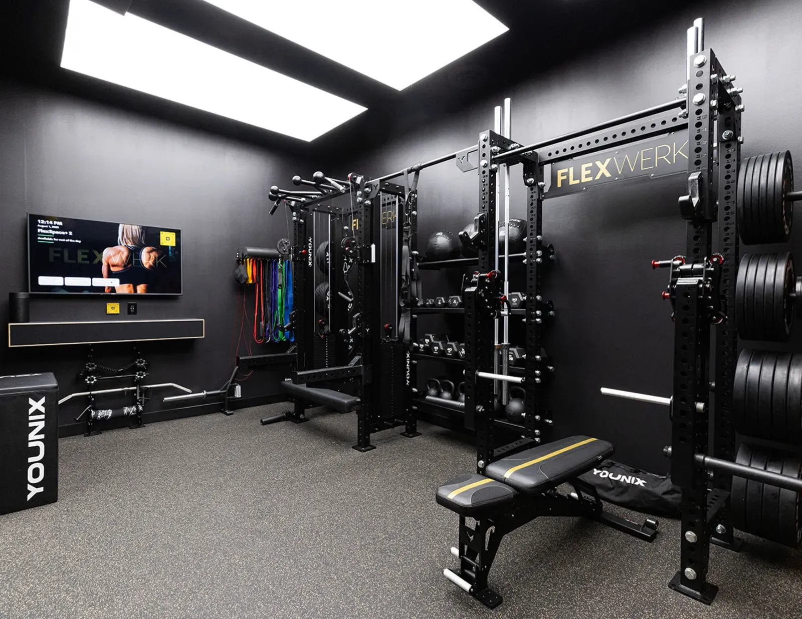 Inside a FlexSpace Plus private training room at FlexWerk Carmel: racks, cable stations, dumbbells, and a wall-mounted TV
