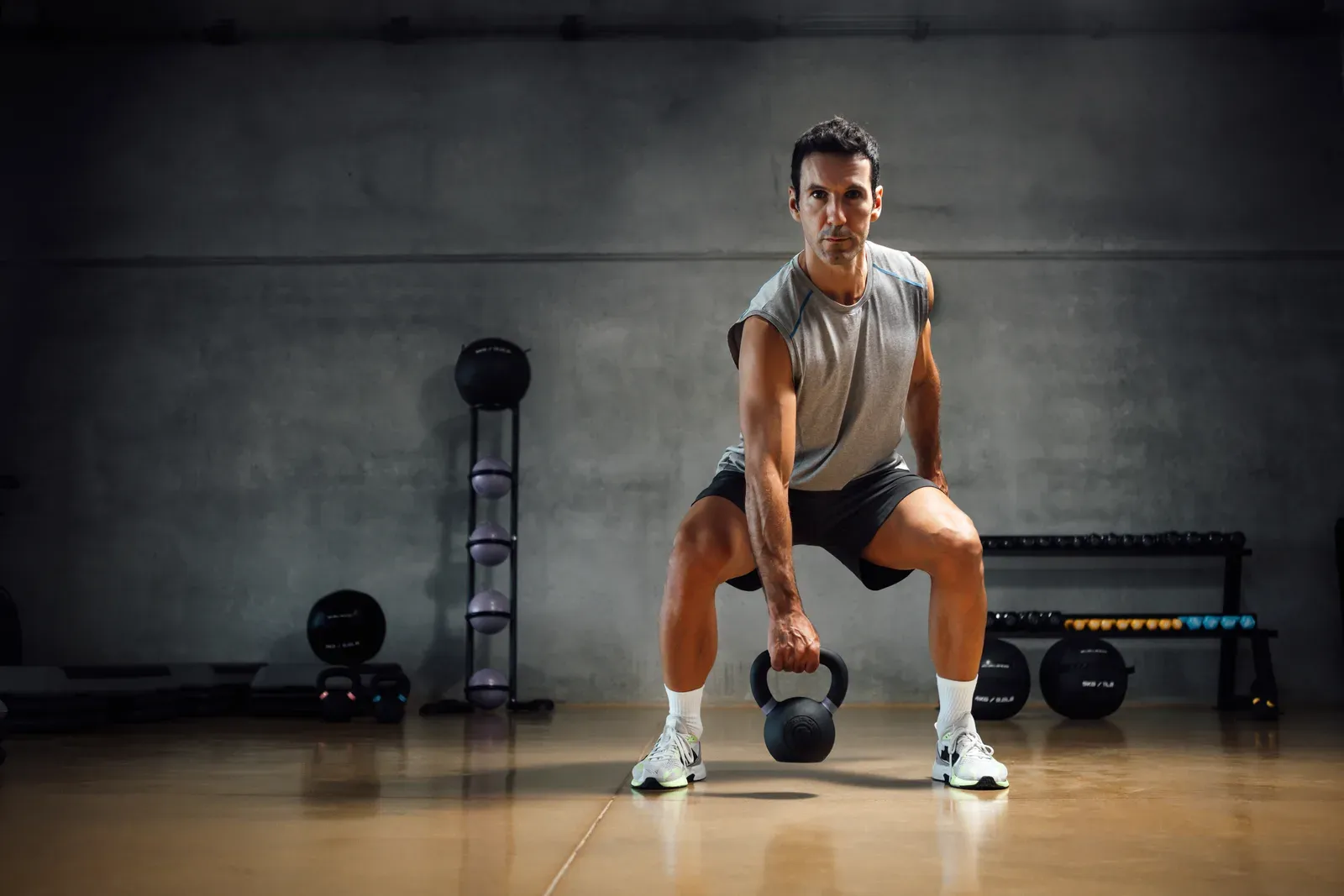 Athletic man lifting a kettlebell in the gym, a heavier day in a high low training split