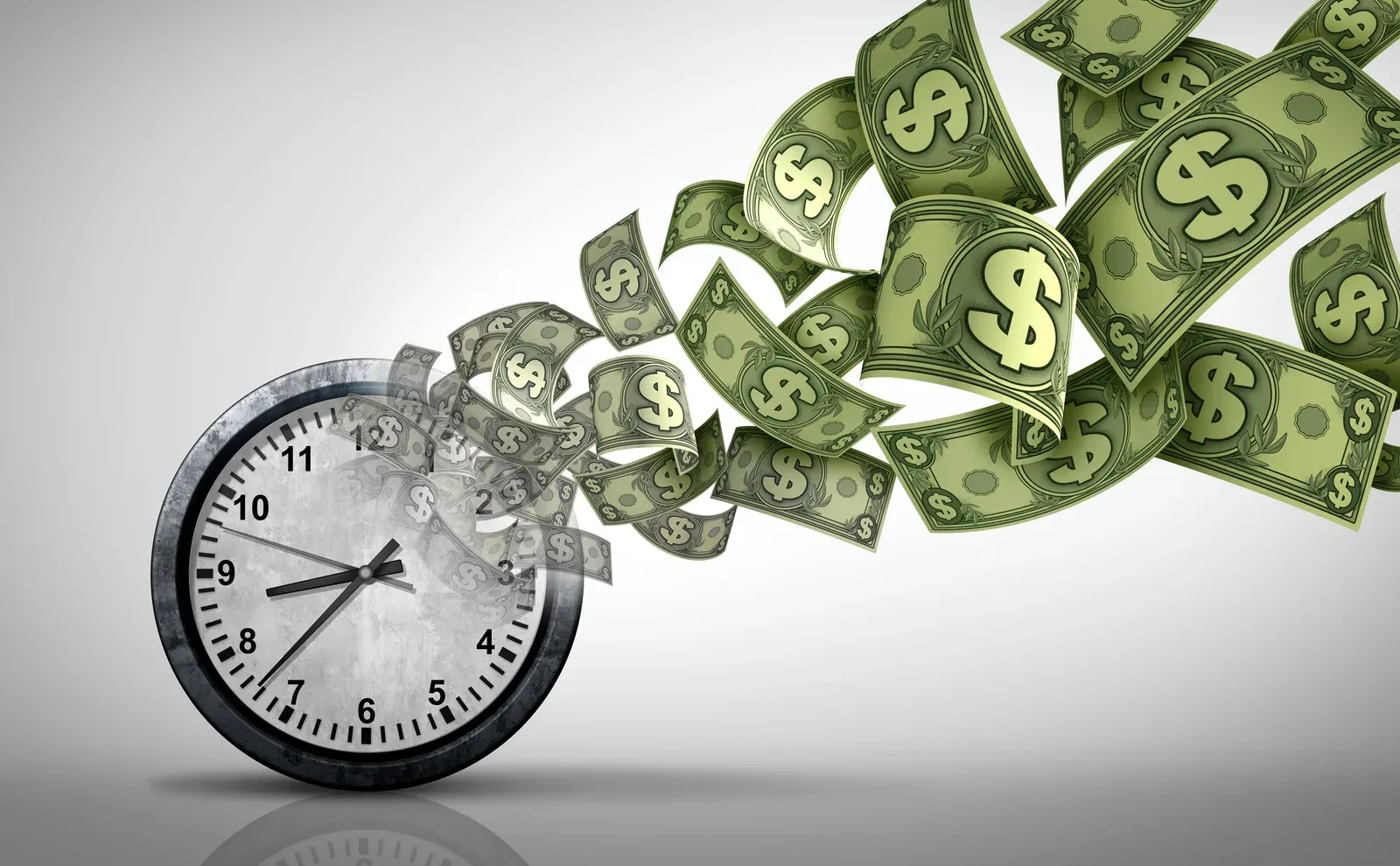 Clock paired with money, the time is money idea behind hourly rates