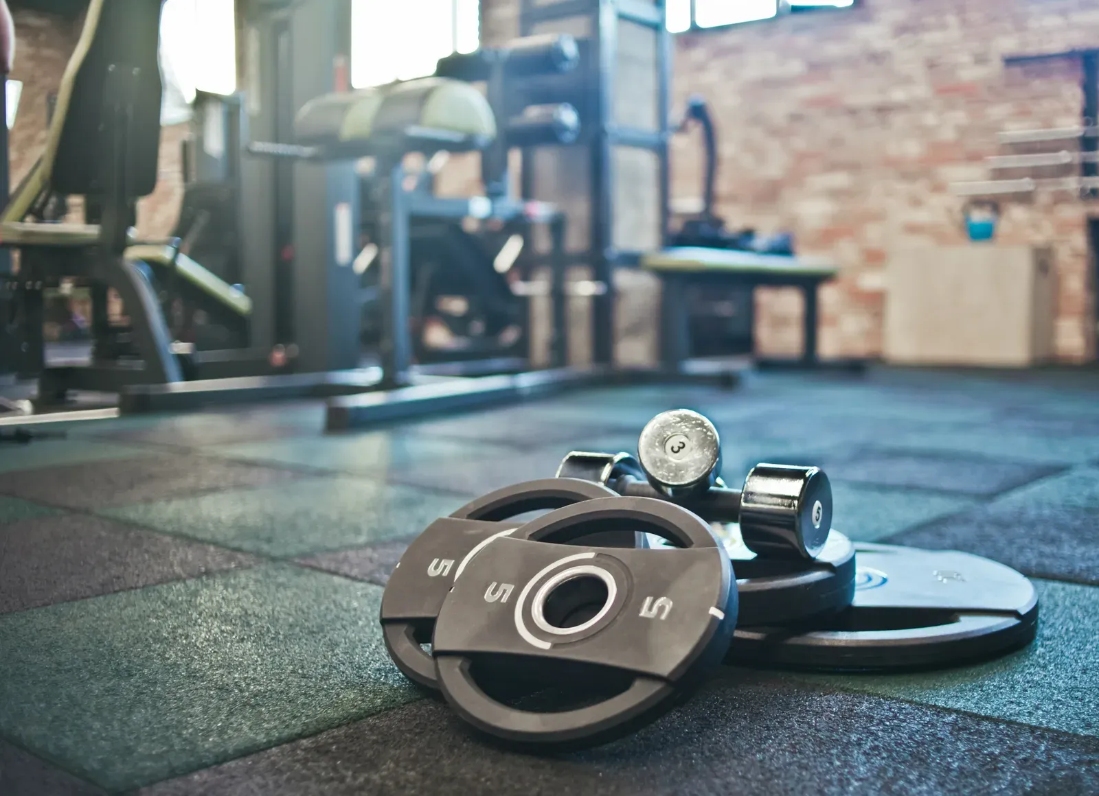 Barbell and dumbbells on the gym floor ready for free weight training