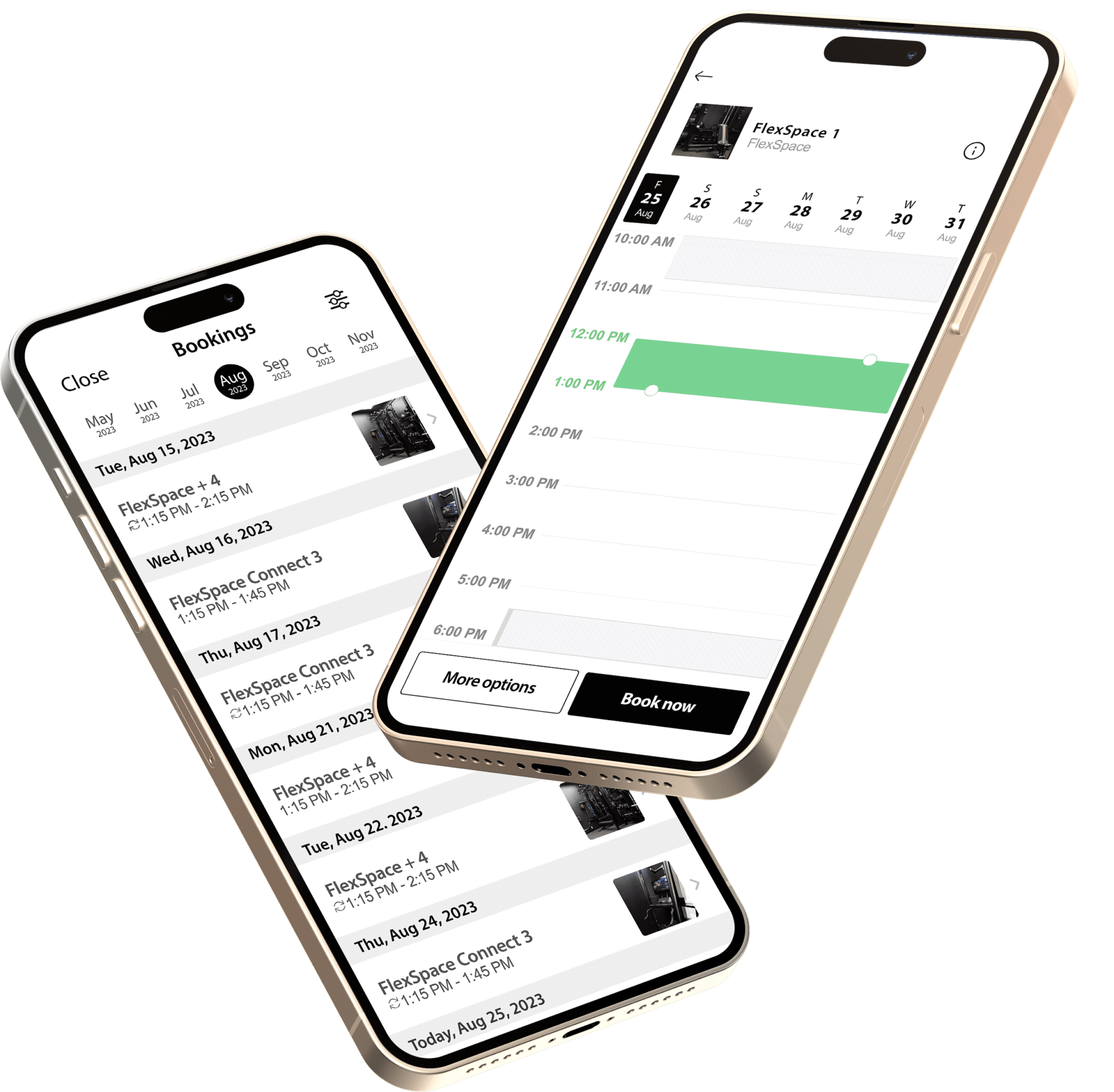 Two iPhone mockups of the free App, one showing a person's personal schedule and the other showing room bookings.